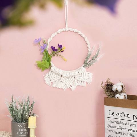 Colgante de Pared de Macramé Hecho a Mano Cuerda de Algodón Tejida Boho Con Flores Artificiales para Sala de Estar Dormitorio