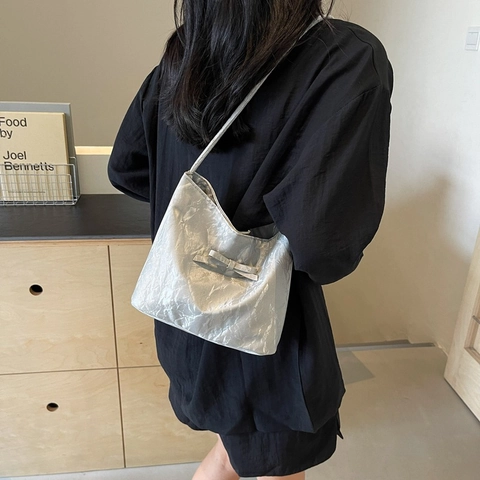 Damen PU Leder Plissierte Umhängetasche Mit Schleife Trendige Unterarmtasche Koreanischer Stil Bucket Tote Bag Für Den Alltag