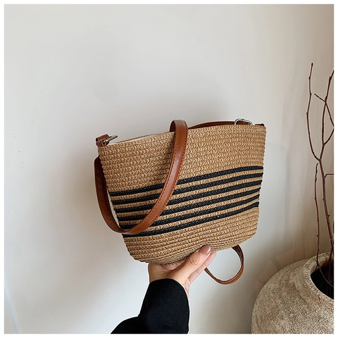 Gewebte Stroh-Umhängetasche Gestreift Vintage-Stil Schulter-Eimer-Handtasche Mit Verstellbarem Lederriemen Für Damen Lässig