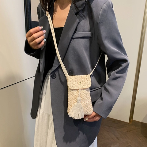 Vintage Gewebte Stroh Handytasche Für Damen Sommer Strand Umhängetasche Mit Quaste Klappe Kleine Tasche
