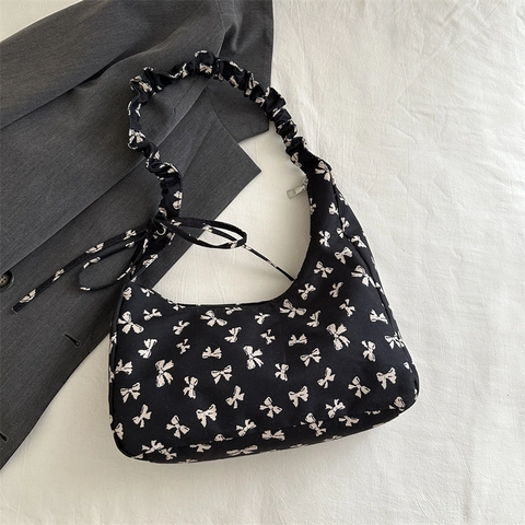 Borsa a Spalla Minimalista in Stile Giapponese con Stampa a Fiocco Grande Capacità Tracolla Arricciata Hobo Bag Donna