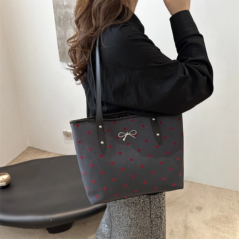 Damen Nylon Tote Bag Große Kapazität Lässige Schultertasche Mit Schleife Bedruckt Punkt Herz Stern Muster Handtasche