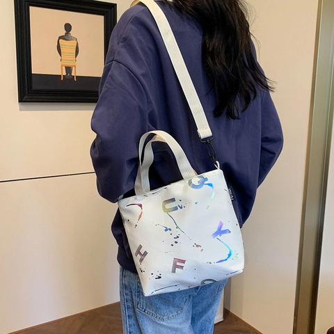 Fashion Nylon Tote Bag For Women With Colorful Letter Print Large Capacity Shoulder Bag With Adjustable Strap Handbag