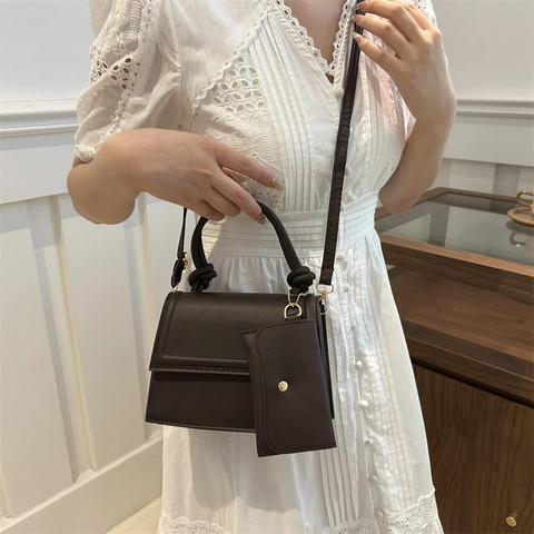 Bolso de Hombro de Cuero PU de Moda con Asa de Nudo para Mujer Bolso Bandolera con Mini Neceser Color Sólido Bolso Pequeño Cuadrado
