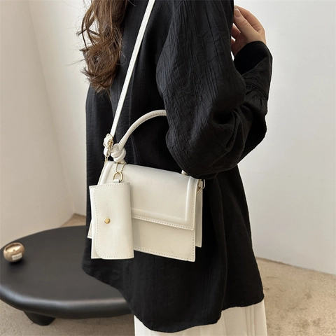 Bolso Cuadrado Pequeño de Cuero PU Minimalista Con Asa de Nudo Y Mini Monedero de Encanto Bolso Bandolera Para Mujer Moda