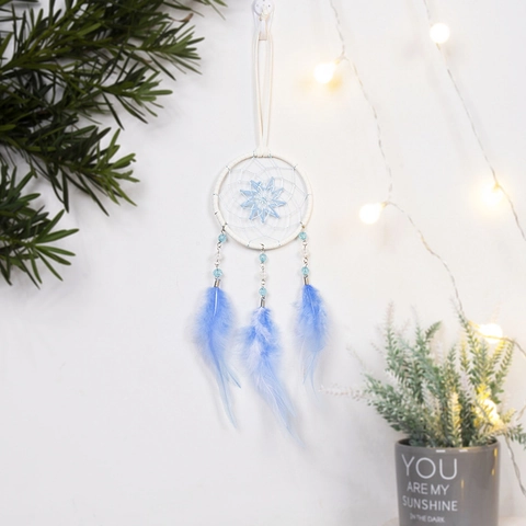 Attrape-Rêves en Plumes Bleues Fait à la Main avec Étoile Tissée Ornement Suspendu pour Rétroviseur de Voiture Décoration Boho