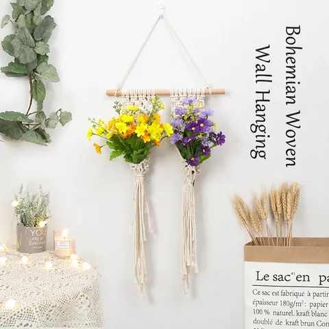 Boho Handgefertigt Makramee Wandbehang Pflanzenbeutel Mit Holzstab Quaste Doppeltasche Baumwollseil Gewebt Haus Deko