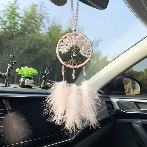 Handgemachter Rosa Lebensbaum Traumfänger Auto Anhänger Mit Kristallsteinen Und Federn Boho Home Wanddekoration