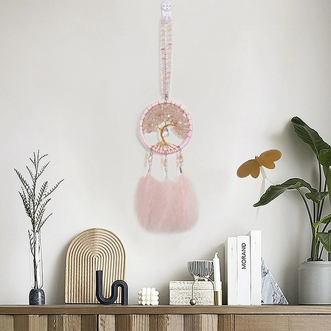 Handgemachter Rosa Lebensbaum Traumfänger Auto Anhänger Mit Kristallsteinen Und Federn Boho Home Wanddekoration