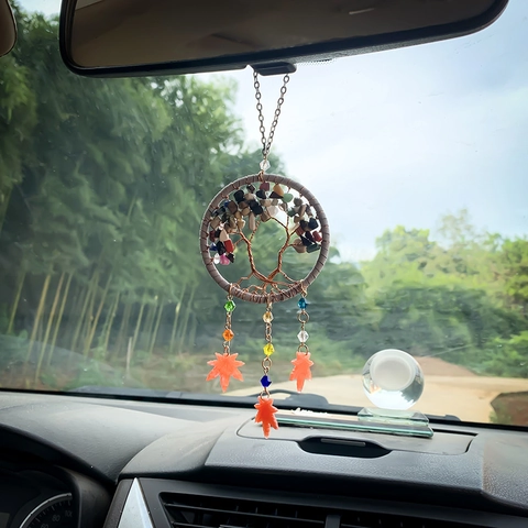 Lebensbaum Traumfänger Auto Anhänger Handgefertigt Naturstein Hängeornament Mit Ahornblatt Tassel Rückspiegel Dekor