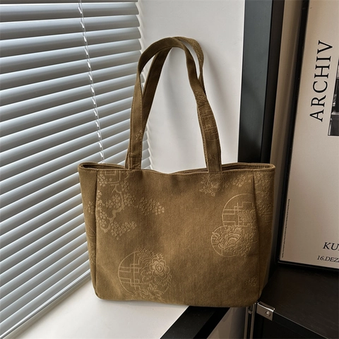 New Chinese Style Floral Embroidery Tote Bag Large Capacity Corduroy Shoulder Bag Aesthetic Vintage Underarm Bag For Women