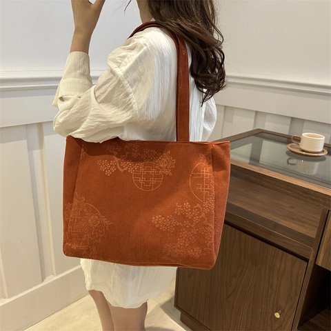 New Chinese Style Floral Embroidery Tote Bag Large Capacity Corduroy Shoulder Bag Aesthetic Vintage Underarm Bag For Women