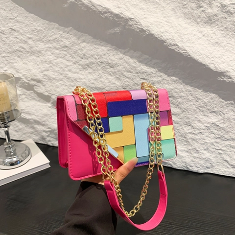Women Colorful Geometric Colorblock Shoulder Bag Fashion PU Leather Chain Strap Crossbody Bag Small Square Flap Handbag Daily Party Purse