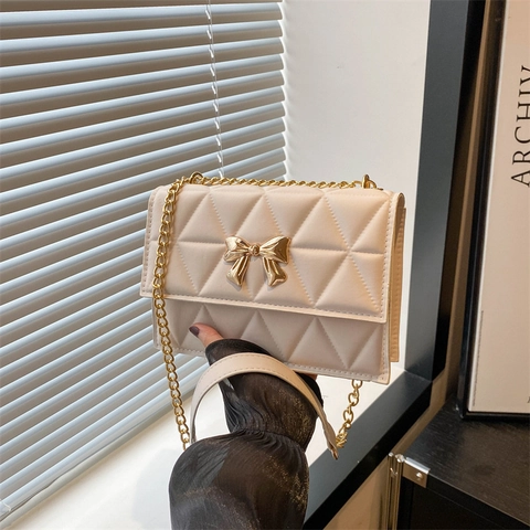 Women Bowknot Quilted Shoulder Bag PU Leather Elegant Chain Crossbody Small Square Bag Chic Stylish Everyday Fashion Handbag