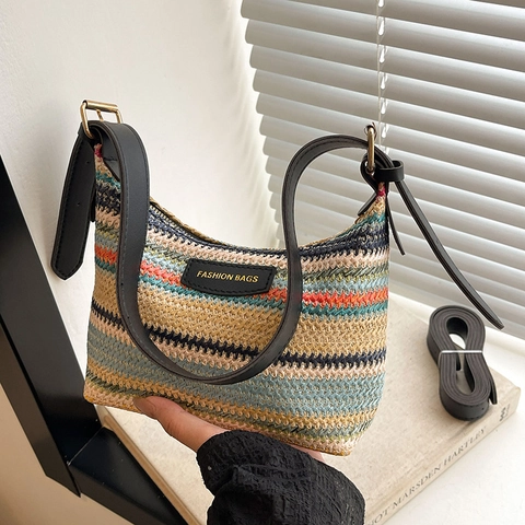 Women Multi Color Striped Woven Straw Shoulder Bag Bohemian Summer Beach Underarm Handbag With PU Leather Strap
