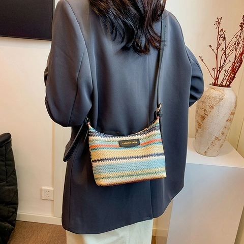 Women Multi Color Striped Woven Straw Shoulder Bag Bohemian Summer Beach Underarm Handbag With PU Leather Strap
