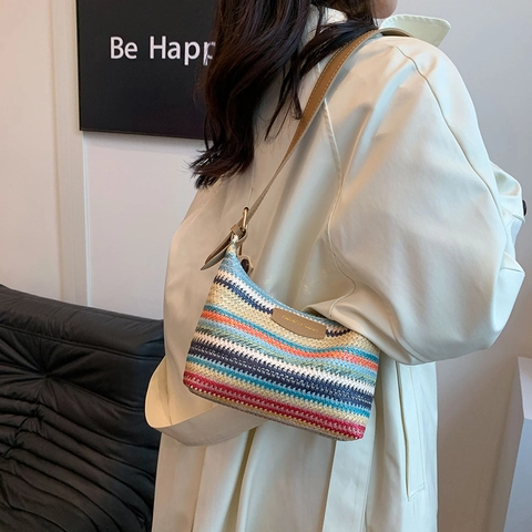 Bolso de Hombro de Paja Tejida con Rayas de Colores para Mujer Bohemio Verano Playa Bolso Correa Ajustable Cremallera Moda