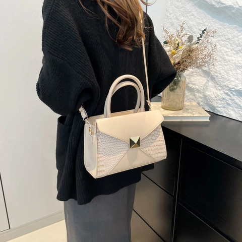 Sac à Main Femme Design de Niche en Cuir PU Crocodile Épissage Sac à Bandoulière Sangle Réglable Utilisation Quotidienne