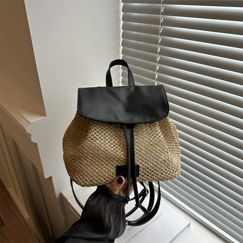 Zaino In Paglia Intrecciata Da Donna Patchwork In Pelle PU Coulisse Patta Casual Estate Spiaggia Vacanze Moda Chic Viaggio