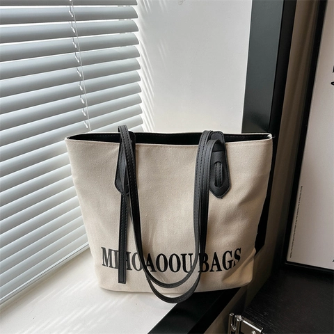 Canvas Tote Bag Large Capacity PU Leather Handle Letter Print Casual Shoulder Bag For Women Students Commuting