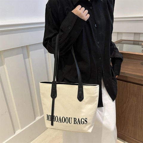 Canvas Tote Bag Large Capacity PU Leather Handle Letter Print Casual Shoulder Bag For Women Students Commuting