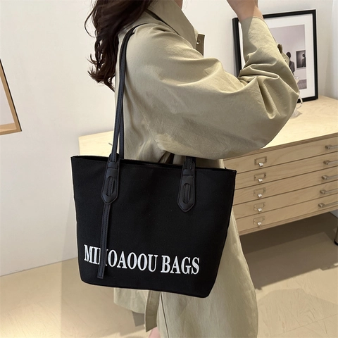 Borsa Toté in Tela da Donna di Grande Capacità Stampa di Lettere Minimalista Borsa a Tracolla per Università Pendolarismo Casual