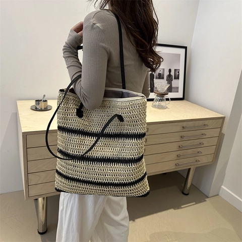 Borsa Tote in Paglia Intrecciata da Donna Grande Capacità Borsa a Spalla per Vacanza al Mare Righe Nere Chiusura a Zip Borsa Estiva Casual