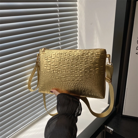 Women's Trendy Metallic Crocodile Texture Small Square Bag Niche Design Single Shoulder Crossbody Clutch Bag With Wide Strap
