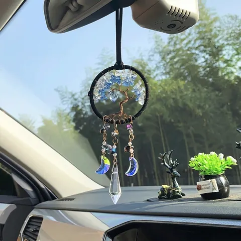 Tree Of Life Hanging Ornament Natural Crushed Stone Crystal Handmade Car Rearview Mirror Wall Decor Bohemian Style Charm