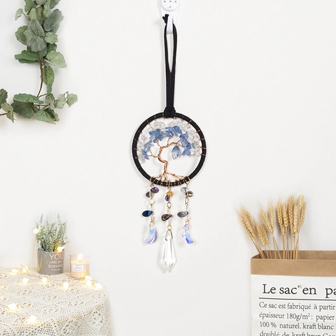 Tree Of Life Hanging Ornament Natural Crushed Stone Crystal Handmade Car Rearview Mirror Wall Decor Bohemian Style Charm