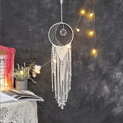 Acchiappasogni Bohemien a Mano Luna Stella Decorazione da Parete Macrame Cordoncino di Cotone Nappa Arazzo per Camera da Letto
