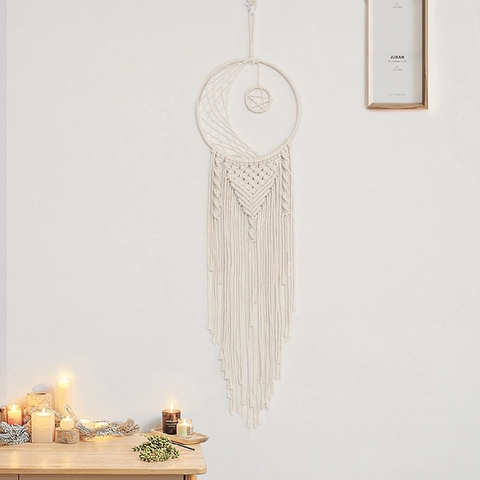 Acchiappasogni Bohemien a Mano Luna Stella Decorazione da Parete Macrame Cordoncino di Cotone Nappa Arazzo per Camera da Letto
