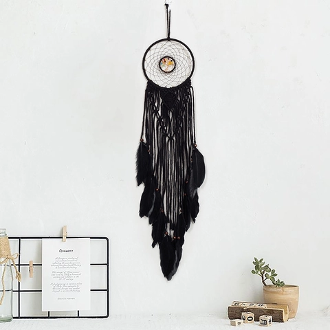 Atrapasueños Negro Hecho A Mano Árbol De La Vida Decoración De Pared Con Plumas Cuerda De Algodón Cuentas De Madera Bohemio