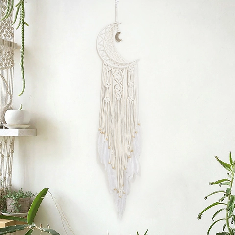 Acchiappasogni Luna Macramè Fatto Mano Corda Cotone Nappe Piume Bianche Perline Legno Pendente Parete Bohemien Decorazione