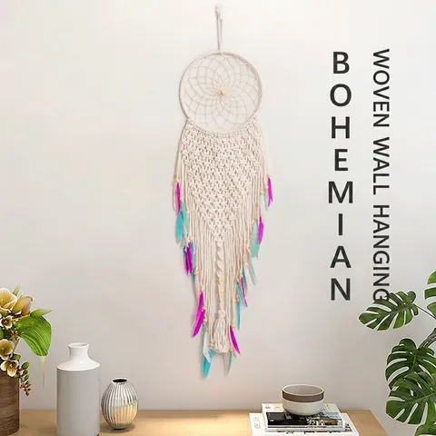 Acchiappasogni Macramè Boemo Decorazione Parete Fatto Mano Corda Cotone Con Piume Colorate Perline Legno Arredo Nordico