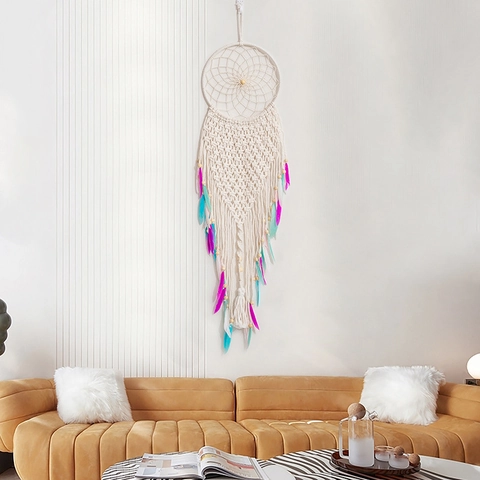Acchiappasogni Macramè Boemo Decorazione Parete Fatto Mano Corda Cotone Con Piume Colorate Perline Legno Arredo Nordico