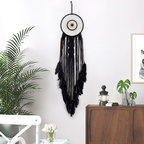 Large Bohemian Handmade Black Dreamcatcher Wall Hanging Feather Tassel Wood Beads For Home Decor Bedroom Living Room Gift