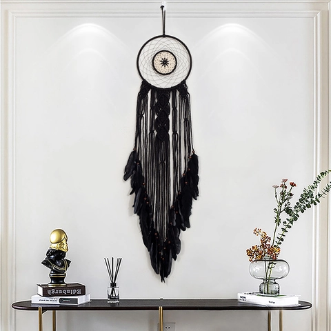 Large Bohemian Handmade Black Dreamcatcher Wall Hanging Feather Tassel Wood Beads For Home Decor Bedroom Living Room Gift
