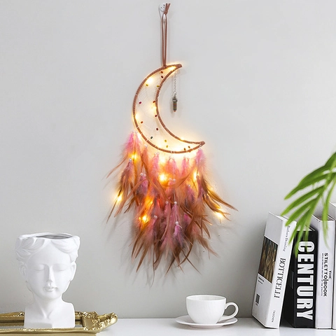Handmade Moon Dream Catcher Wall Hanging Decor With Feather Crystal Pendant Bohemian Woven Dreamcatcher Home Office Bedroom Ornament Gift