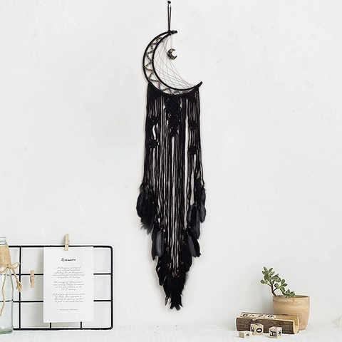 Schwarzer Mond Traumfänger Handgefertigt Gewebtes Baumwollseil Feder Bohemian Wandbehang Schlafzimmer Wohnzimmer Zuhause Ornament