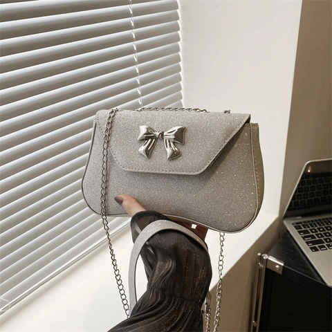 Women Glitter Sequin Crossbody Bag With Metal Bow Flap Square Shoulder Bag Chain Strap Evening Party PU Leather