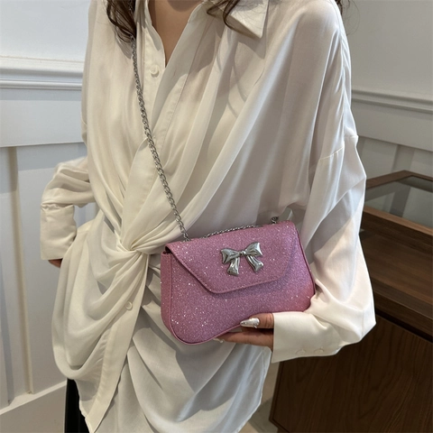 Women Glitter Sequin Crossbody Bag With Metal Bow Flap Square Shoulder Bag Chain Strap Evening Party PU Leather