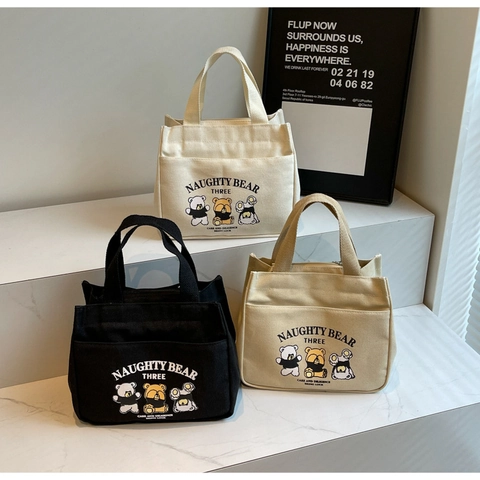 Japanischer Stil Cartoon Bär Segeltuch Tote Bag Große Kapazität Lässige Damen Handtasche Naughty Bear Bedruckte Lunchtasche Reißverschluss Umhängetasche