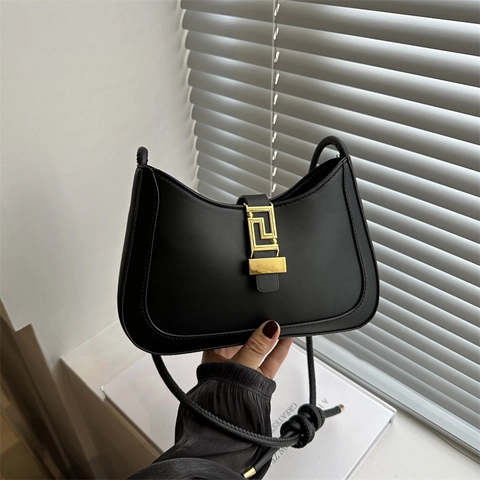 Women's PU Leather Underarm Bag Minimalist Shoulder Bag With Geometric Gold Lock Vintage Hobo Crossbody Bag Daily Fashion Handbag