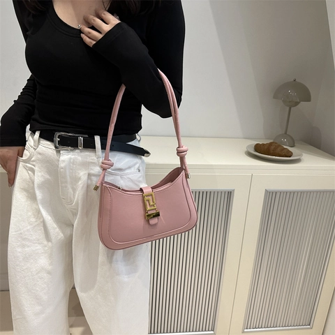 Damen Halbmond Unterarmtasche PU Leder Schultertasche Mit Goldener Geometrischer Schnalle Knoten Riemen Mode Handtasche
