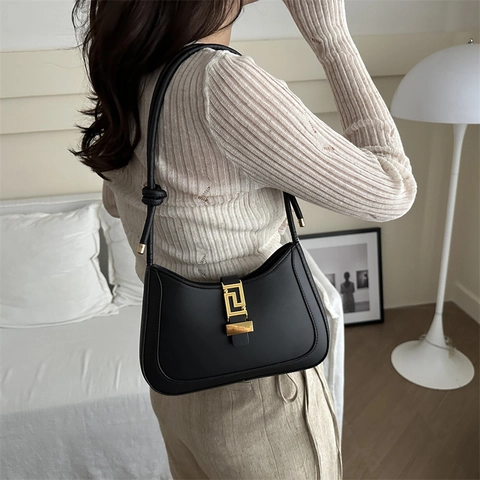 Borsa Hobo Donna a Mezzaluna in Pelle PU Retro Elegante Fibbia Geometrica Oro Borsa a Spalla Sottobraccio Chic Borsetta Quotidiana