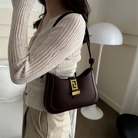 Women PU Leather Solid Color Underarm Bag Fashion Crescent Shoulder Bag Minimalist Geometric Buckle Casual Crossbody Bag