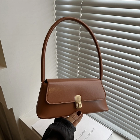 Vintage Minimalistische PU Leder Baguette Tasche Für Damen Retro Gold Metallschloss Unterarm Schultertasche Urban Handtasche