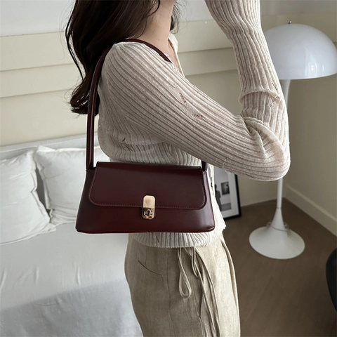 Sac Sous le Bras en Cuir PU Minimaliste pour Femme Sac à Épaule Baguette Rétro Avec Serrure Métallique Élégant Mode Petit Sac Carré