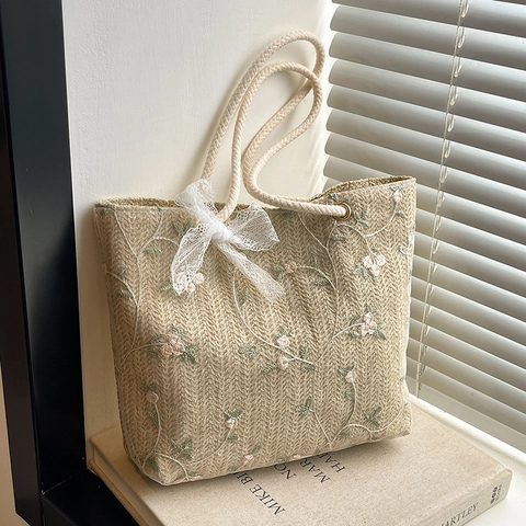 Borsa Tote in Paglia Intrecciata con Ricamo Floreale Bohémien Fiocco in Pizzo Manico in Corda di Cotone Borsa a Tracolla Spiaggia Donna